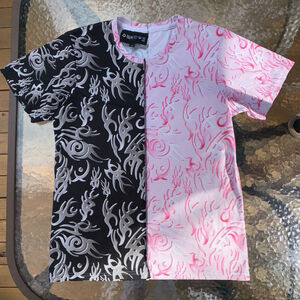 Y2K split tribal graphic tee pink and black size M